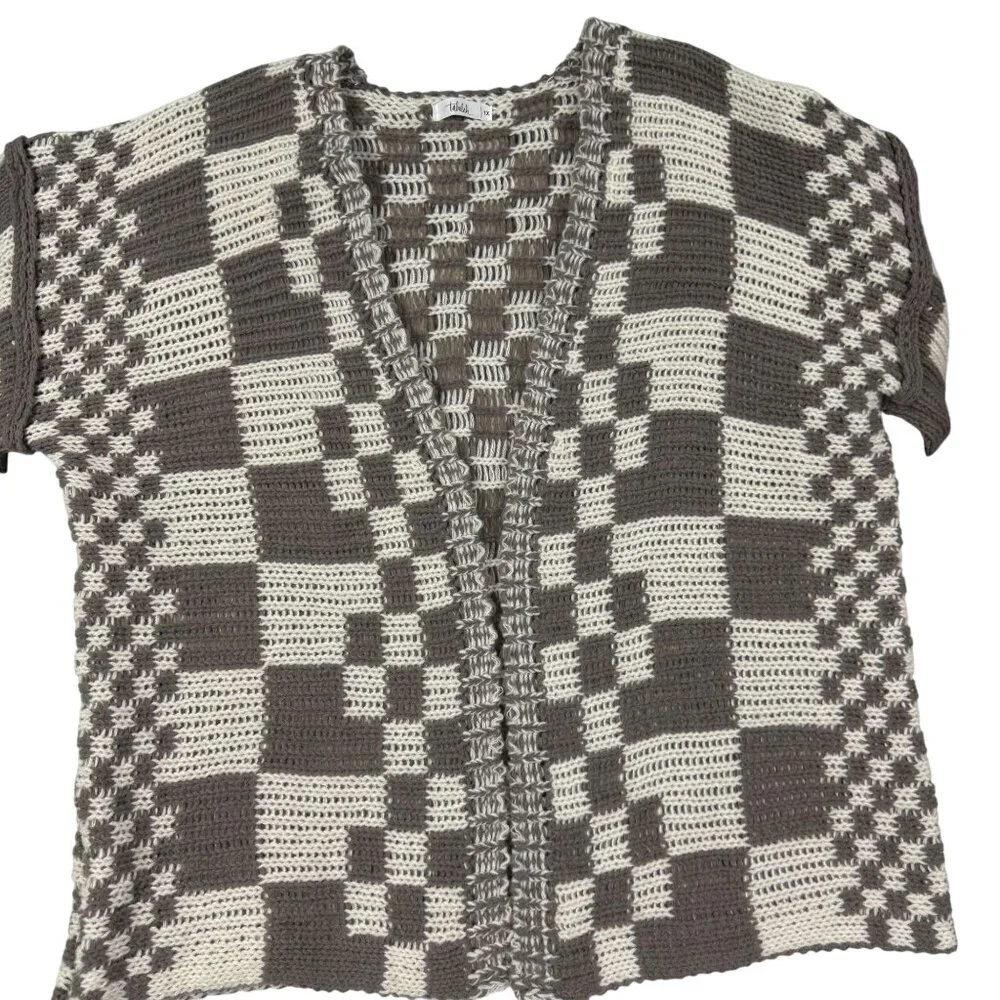 1X Talulah Check Cardigan Sweater Oversize Balloon Sleeve Taupe Cream Boutique - Picture 6 of 9